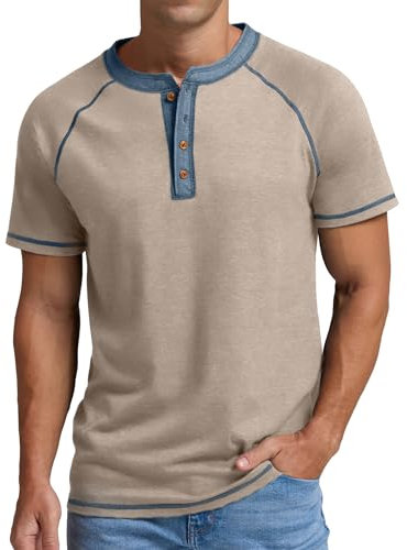 Sailwind Henley Shirts for Men Summer Grandad T Shirts Cotton Short Sleeve Casual Mens Tops Beach Holidays Daily Wear (Light Khaki Variegated, L)