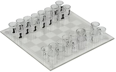 Shot Chess Set Clear Shot Glass Chess Set, 10x10 Inch Glass Chess Board with 32PCS Cups Chess Pieces, Drinking Shot Chess Set, Funny Chess Sets for Adults, Kids