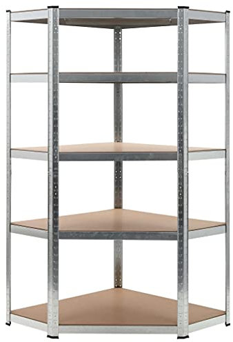 prissent Eckregal 5 Ebenen Stahl und Holz Mehrschichtregal Spenderregal Mehrzweckregal Wohnzimmer Regale Bücherregal Garagenregale Silber 90 x 90 x 180 cm