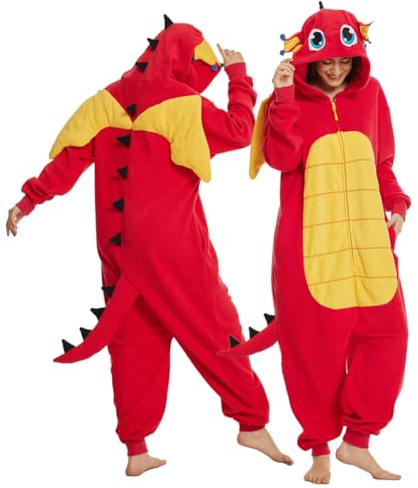 Laahoem Tier Drachen Pyjamas Unisex Erwachsene Reißverschluss Kapuze Männer Frauen Jumpsuit Kostüm Cosplay Nachtwäsche Red M