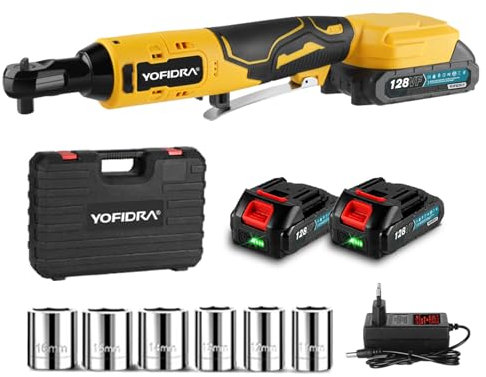 Yofidra Elektrische Ratschenschlüssel Set, 50 N.m Kabelloser Ratschenschlüssel, 3/8 18V, Stufenlose Geschwindigkeit Akku Ratsche für Haus und Auto mit 2 2,0Ah Akkus, LED-Licht, 6 Stecknüsse(11-16mm)