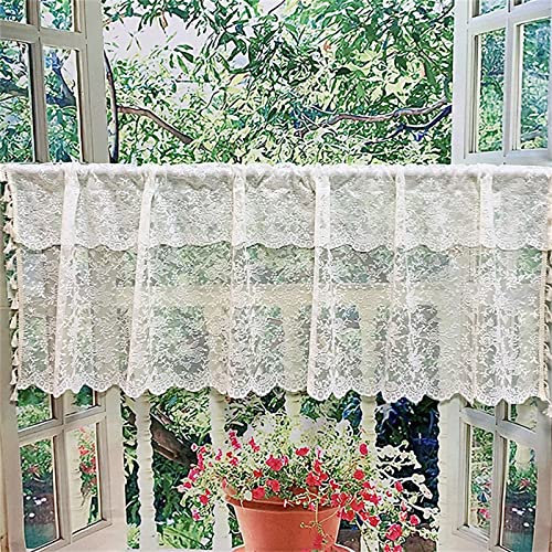 champracer Scheibengardine Kurzstore Häkeloptik Landhaus Gehäkelt Blumen Muster Retro Bistrogardine Kurz Gardinen Kleines Fenstervorhang Küche Tür mit Quaste (1 Stüick, BxH 145x45 cm)