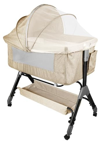 Supfine Beistellbett Baby, 3-in-1 Baby-Beistellbett, 4 Neigungs- & 4 Höhenstufen, Tragbar Babybett mit atmungsaktivem Netz, Verstellbarer Co-Sleeper (Beige)