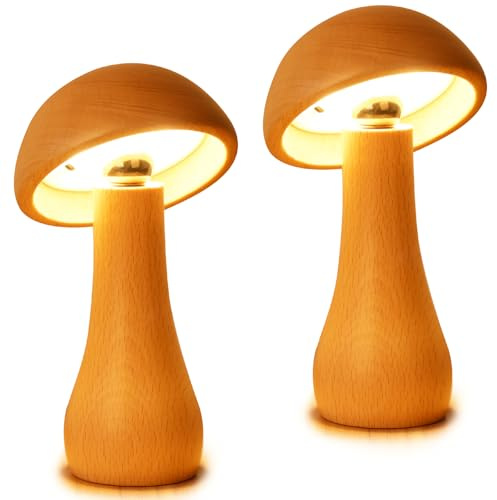 LONRISWAY Pilzlampe aus Holz, tragbar, schnurlos, klein, wiederaufladbar, batteriebetrieben, stufenloses Dimmen, Nachtlicht für Geburtstagsgeschenke, 2 Stück