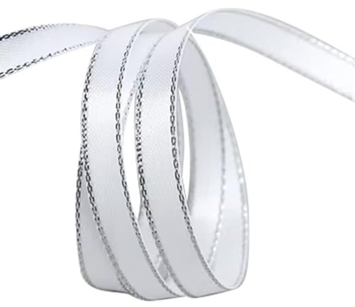 CABODYALS 91.4M 9.5mm Nastro Bianco Argento Doppio Bordo Nastro Metallico Bordo Nastro Grosgrain In Poliestere Sfuso con Bobina per Cucire Realizzare Artigianato Bouquet Da Sposa Confezione Regalo For