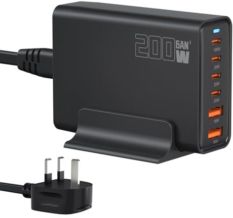 200W 6-Port USB Charging Station, PD 100W 65W 45W 20W 18W USB C GaN III Charger Laptop & Phone Fast Charger Plug, Compatible with MacBook Pro/Air,Dell XPS, iPhone 15/16/14/ Pro, iPads, Steam Deck