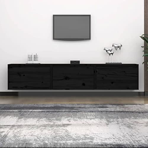 CINDERFUL Meubles TV 3 pcs Noir Bois Massif de pin,Étagère TV Suspendue en Bois Massif Noir Rangement Mural Design et Pratique Meubles TV, Banc TV