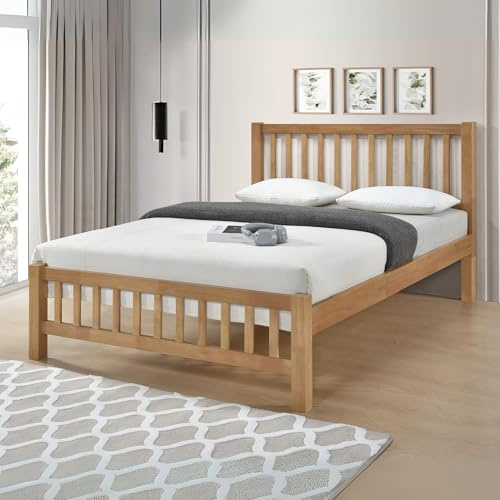 Reinforced Beds BANHAM BED – Solid Wooden Bed Frame, Heavy Duty Rubberwood, Shaker Style Design, 22mm Thick Slats (Oak, Small Double)
