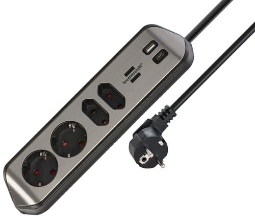 brennenstuhl®Estilo Ecksteckdosenleiste 4-Fach mit USB A und USB C PD 30W (Tischsteckdose für Küche und Büro, Ecksteckdose mit 2X Schutzkontakt-Steckdosen, 2X Euro-Steckdosen) Silber/schwarz