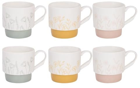Set of 6 Stackable Floral Mugs Pink Yellow Green - 12 Ounce 370ml Modern Contemporary - Tea Coffee Cups Latte Cappuccino Hot Chocolate Drinks - Home Kitchen Work Office Mug Set