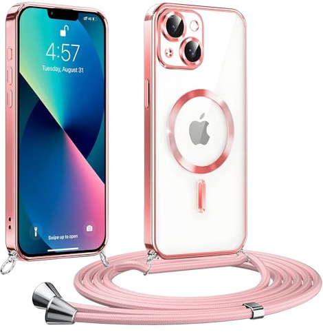 Magnetische Handyband kompatibel mit iPhone 15 Hülle mit Band, Roségold | Kompatibel mit MagSafe, CaseLover Transparent Silikon, Handyhülle mit Abnehmbar Kordel zum Umhängen, Stossfest Schutzhülle