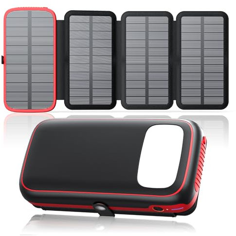 FEELLE-Solar-Powerbank-27000mAh - USB C PD QC 3.0 Schnellladung Power Bank mit 3 USB-Ausgängen & 4 Faltbaren Solarpanels, Externer Akku Pack mit Taschenlampe für Smartphones Tablets Camping (Rot)
