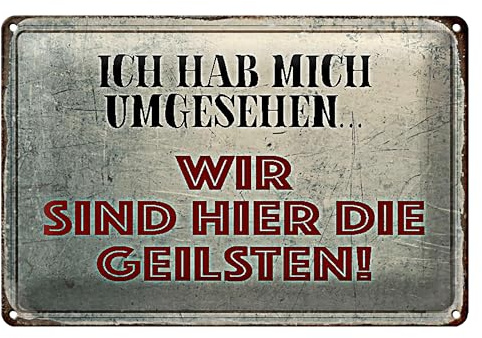 Vintage Blechschild 'Ich hab mich umgesehen... Wir sind hier die Geilsten!' | Dekoratives Retro-Schild für Zuhause und Büro | 18 cm x 12 cm