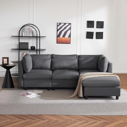 Ecksofa mit Fußhocker, Eckcouch Universelle Seite, 220cm Bequemes 3-Sitzer Sofa L Form, Dreisitzer-Sofa Cauchsofa mit Kissen, Getuftetes Kleine Couch für Wohnzimmer/Schlafzimmer/Büro/Wohnung, Grau
