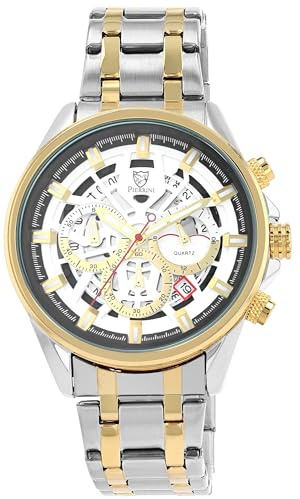 Pierrini Chronograph Herrenuhr – Armbanduhr Herren Edelstahl mit Stoppuhr, Datum & 24h-Anzeige – Sportliche Quarzuhr mit Geschenkbox – Uhr für Männer (Gold/Silber-Weiß)