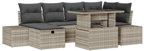 vidaXL 7-teiliges Garten-Sofa-Set mit Kissen in Hellgrau aus Poly-Rattan. Perfekt für den Balkon und Garten. Ideal zum Chillen für bis zu 6 Personen. Modulares Couch-Set für die Terrasse.