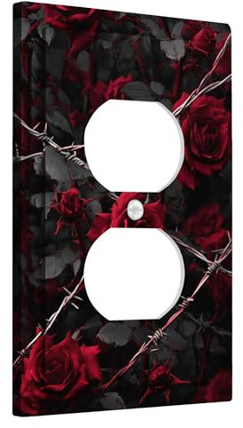 Lichtschalter-Abdeckplatten für romantische Gothic-Rosen, rote und schwarze florale Stacheldraht-Wandakzente, thermoplastische Wandplatten, Standardgröße, Einzel-Duplex-Steckdose