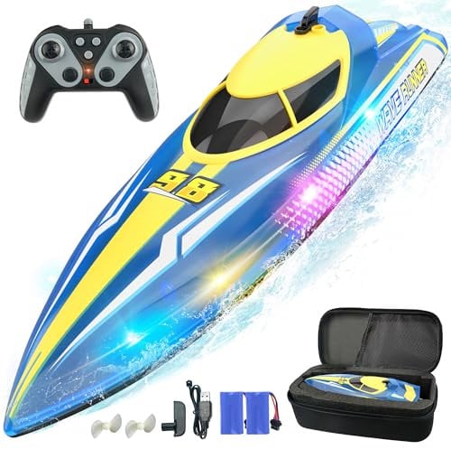 BEZGAR RC Boats - Remote Control Boat for Kids and Adults, 2.4GHz LED Light & Portable Suitcase, 2 Rechargeable Batteries, Light Up Racing RC Boat for Lakes & Pools, Toy for Birthday - TX128 Blue