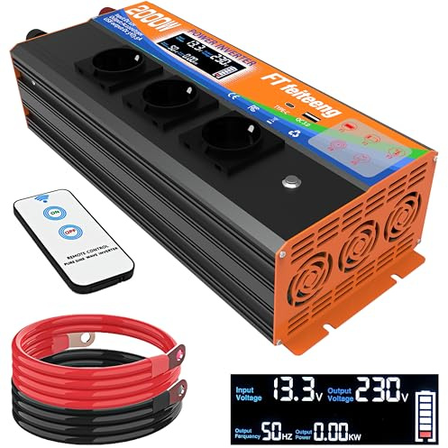 2000W wechselrichter 12v auf 230v，der umwandler Inverter Konverter mit 3 EU Steckdose und USB und Type-C port,steckdose mit fernbedienung Modifizierter spannungswandler für Haushaltsgeräten,KFZ