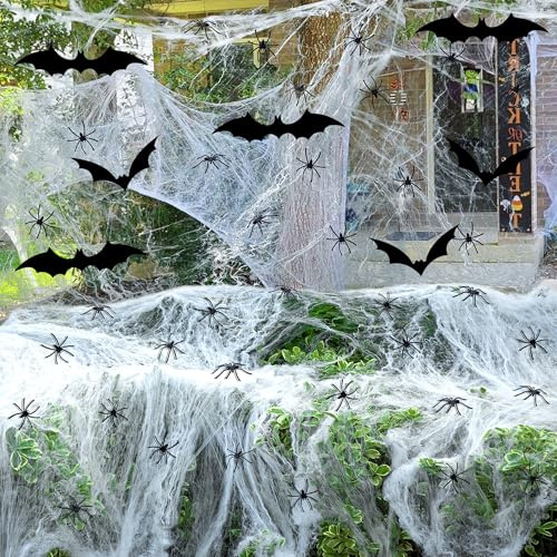 2200 Sqft Halloween Spinnennetz Dekoration-Weiß Super Dehnbare Spinnweben | mit 100 Plastik Spinnen,24 Fledermaus-DIY Grusel Spinnennetz aus Baumwolle für Outdoor Indoor Garten Esstisch Tür Decke