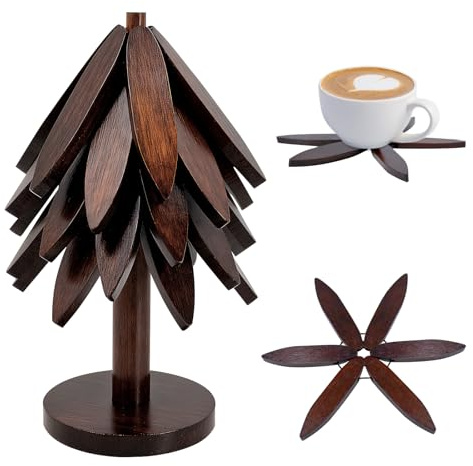 Christmas Tree Trivet Set - Wooden Heat Resistant Stand for Hot Pots, Pans & Dishes, Holiday Kitchen Decor & Practical Pot Holder (5-Piece, Brown)