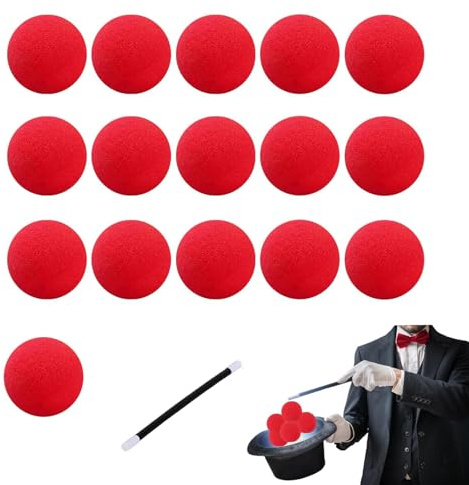 EUYKQNOI Lot de 16 Balles en Mousse Magiques + 1 baguette magique,Petites, Douces,Tours de Magie, Petites Boules en Éponge, Tripes de Magie,5 cm,Rouge,Décorations de carnaval, Noël, Halloween