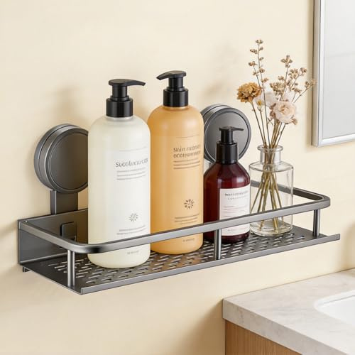 YancLife Suction Shower Caddy - Grey Suction Cup Shower Organiser, No Drilling Storage Basket for Spice Jars and Shampoo, Wall Mounted Bathroom Shelf for Kitchen, Living Room, Bedroom, Office