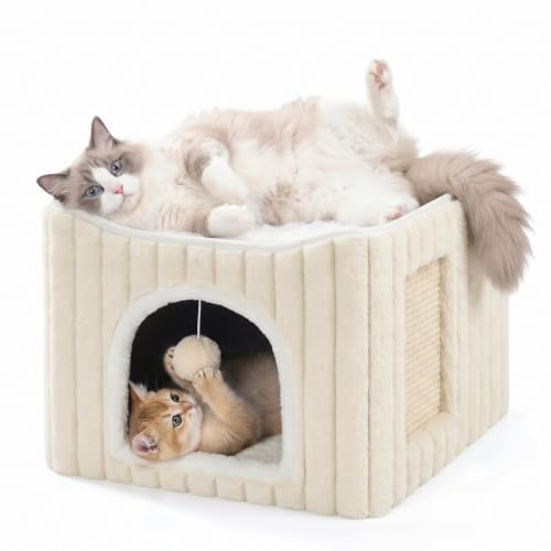 Avont 3-in-1 Cat Cave Bed for Indoor Cats with Scratch Pad | Hanging Ball Toy | Sturdy MDF | Holds 9 KG | Washable Cushion | Foldable | Grey/Cream/Pink/Blue/Lightbrown
