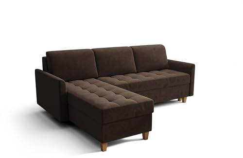 O-Sofa Ecksofa Kongo RBN08, Eckcouch in L-Form mit Schlaffunktion, Farbe: Dunkelbraun, Velourstoff, Ottomane Links