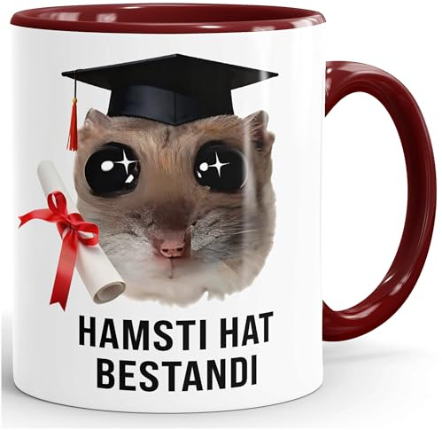 MoonWorks® Kaffee-Tasse - Geschenk Abschluss Studium Bachelor - Sad Hamster - Spruch Hamsti hat bestandi Keramik Weiss-innen-bordeauxrot standard