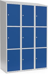 kaiserkraft | 3er-Schließfachschrank Fydor | 3 Abteile | lichtGrau/Enzianblau | B 1200 mm | schräge Dachform | Zylinderschloss