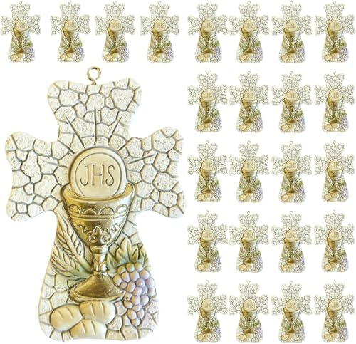 Regalami 24 Croci Prima Comunione da Appendere in Marmoresina 8,5 cm – Set da 24 Bomboniere con Calice, Ostia JHS, Pane e UVA – Decorazioni per Comunione Bambino e Bambina, Made in Italy