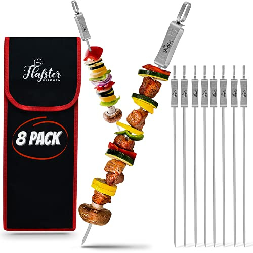 FLAFSTER KITCHEN BBQ Skewers for Grilling - 16 Stainless Steel Flat Kebab Sticks with Push Bar, Reusable Metal Shish Kabob Skewers, Set of 6