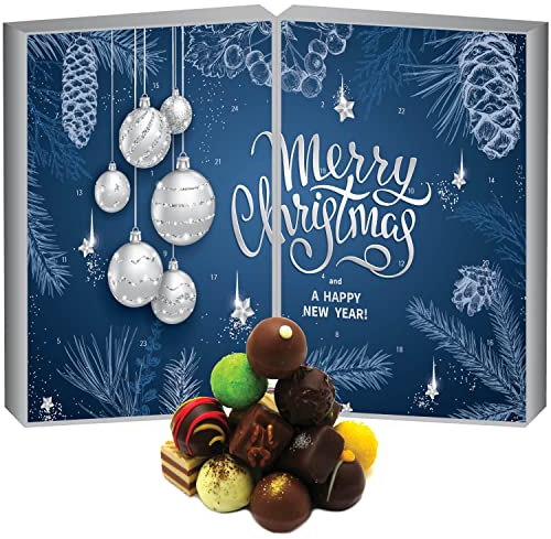 Hallingers Blue Christmas - Adventskalender Pralinen Geschenk handmade teils mit Alkohol aus Edelkakao Schokolade (Box) - Geschenk im Sommer & als perfektes Grillgeschenk | Glückwunsch Chanukka Freund
