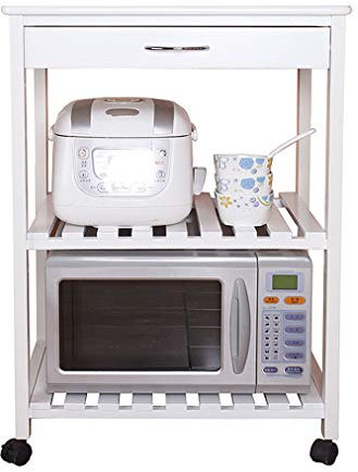 ADASP Storage Trolley 3-Tier Baker’s Rack Microwave Stand Kitchen Oven Rack with Wooden Mesh Shelves,Rolling Utility Cart with Wheel Casters ＆ Adjustable Leg Plug, White