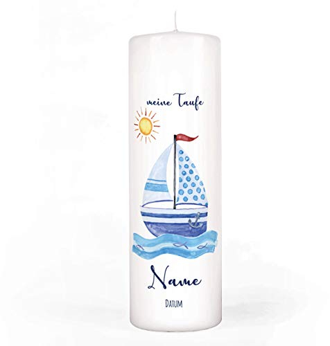 Striefchen® Taufkerze für Jungen mit Namen u. Taufdatum sowie eigenen Taufspruch 8 x 25 cm - Motiv Segelschiff