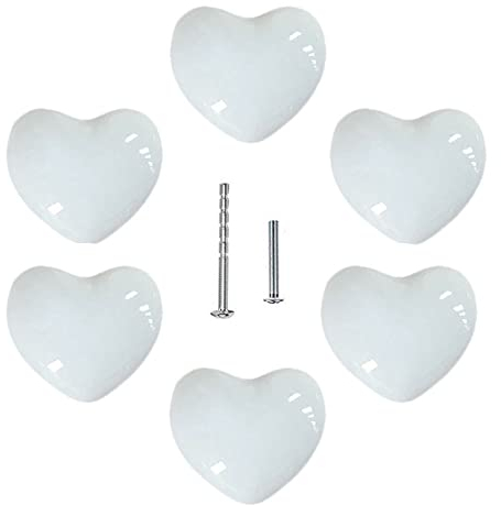 UULU 6Stück herzförmige Keramikknäufe für Kinder, Liebesknopf griffe, Möbelknöpfe, für Schubladen, Schränke, Türen, Schlafzimmer, Küche Möbel, mit 2 Arten Schrauben (weiß)