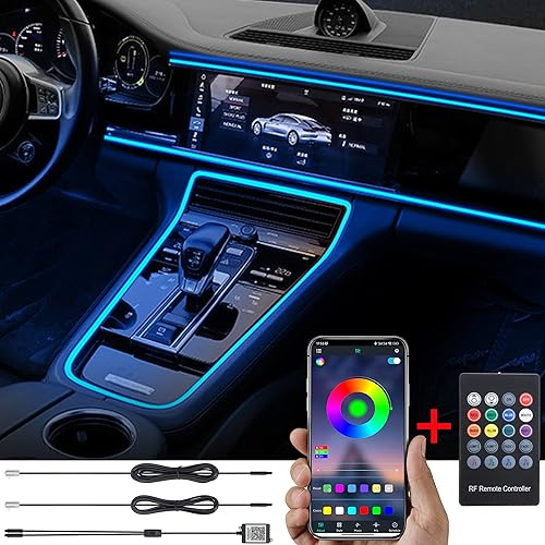 TABEN Auto Umgebungslicht RGB-Fernbedienung + APP-Steuerung Dekorative Lampe DIY Refit Flexibles Glasfaserrohr 64 Farben Innenbeleuchtung Atmosphärenlicht 1W DC 12V 3m