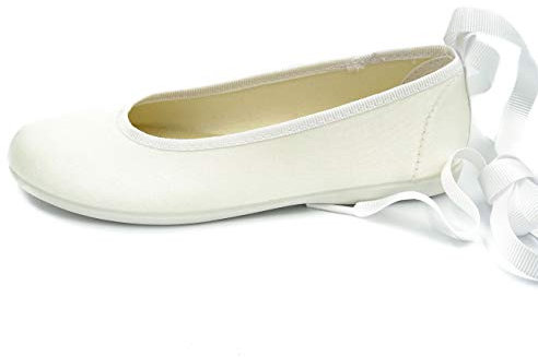 PULIDINES - manoletina de Raso para niña con Cinta de Atar en la Pierna Niñas Talla: 38 Color: Blanco