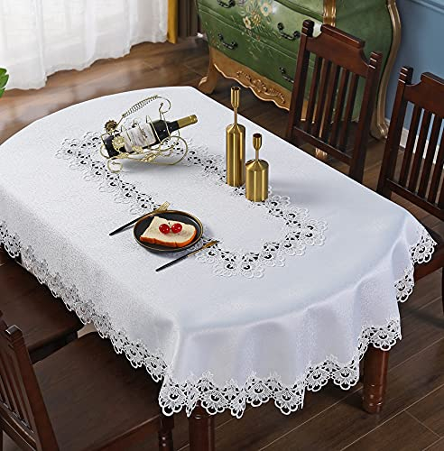 TaiXiuHome Tischdecke mit Spitze, europäischer Stil, minimalistisch, Blumenstickerei, oval, 155 x 215 cm, Weiß
