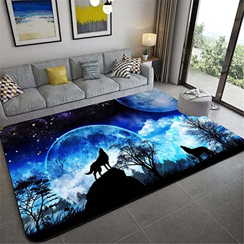 Wolf Druck Großer Teppich für Wohnzimmer Schlafzimmer Moderne Dekoration rutschfeste Flanell Kinderzimmer Spielen Bodenmatte, Wald Schnee Nachthimmel Mond Wölfe Muster (Marine,120x160 cm)