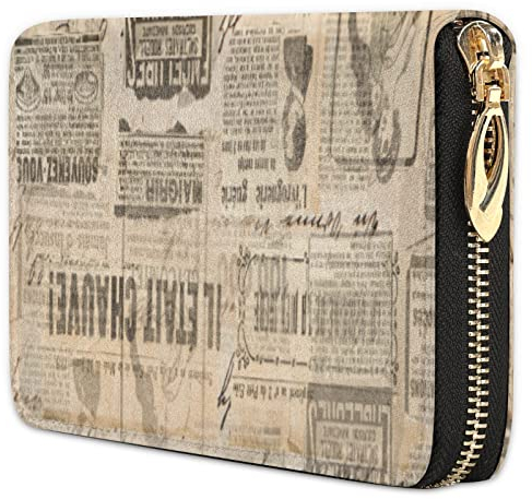 Damen Geldbörse Vintage Zeitung Große Kreditkarte Geldbörse Geldbörse Kartenetui Farbig Bedrucktes Leder Reißverschluss Handy Clutch Slim Wallet für Frauen, multi, Gold Zipper