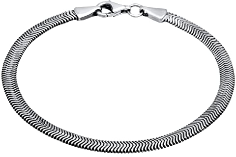 Kuzzoi Pulsera de plata para hombre hecha a mano, pulsera de plata de ley 925 oxidada, pulsera plana para hombre, espiga, ancho 4 mm, 0210662721, 19 centimeters, Plata de ley