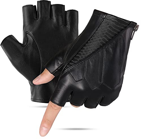 GSG Fingerlose Lederhandschuhe Herren Ungefüttert Halbfingerhandschuhe Echtes Leder Schwarz L