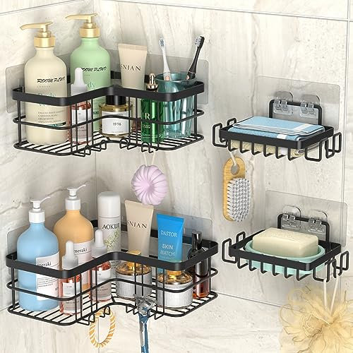 Yazoni Shower Caddy, Adhesive Shower Shelves No Drilling [5-Pack], Rustproof Stainless Steel Bathroom Shower Organizer Wall Mounted, Large Capacity Shower Shelf for Inside Shower (Black)