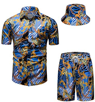 fohemr Herren barock 2-Teiliges Outfit Golden Chain Muster Blau Hemd shorts mit Eimerhut Freizeitanzug Sommer Urlaub Strand set 3X-Large