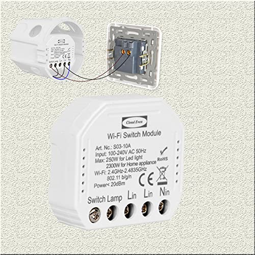 Interruttore WiFi Alexa,deviatore wifi Smart life tuya app Timer Switch mini rele Funziona in Parallelo con Interruttore a Parete Originale,Ricevitore a Relè 2300W 220v, Voice Control alexa