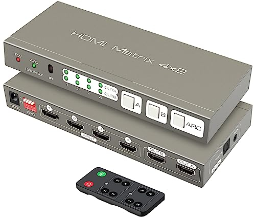 HDMI Matrix Switch 4K60Hz 4 in 2 Out Switcher Splitter Optical 3.5mm AUX Audio Output con IR Remote Supporta ARC 4K 3D e 1080P HDR Vision Atmos 18Gbps with EDID HDCP 2.2