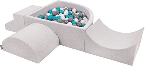 KiddyMoon Parque Infantil De Espuma con Triángulo Piscina De Bolas (200 Bolas) para Niños, Gris Claro:Gris/Blanco/Turquesa