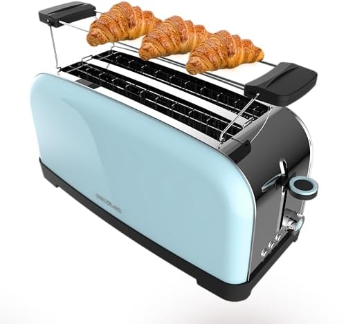 Cecotec Tostadora Vertical 2 Ranuras Largas Toastin' Time 1500 Blue. 1500 W, 4 Rebanadas de Pan, Ranura Ancha 3,8 cm, Soporte para Panecillos y Bandeja Recogemigas, Acero Inox y Azul